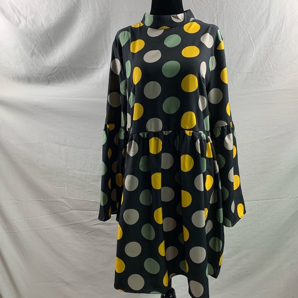 Polka Dot Mock Neck Trumpet Sleeve Smock Dress - Picture 6 of 6